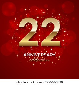 22th Anniversary. Golden number 22 with sparkling confetti and glitters for celebration events, weddings, invitations and greeting cards. Realistic 3d sign. Vector festive illustration