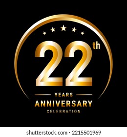 22th Anniversary, Logo design for anniversary celebration with gold ring isolated on black background, vector illustration