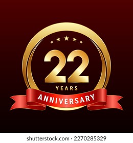 22th Anniversary logo design with golden ring and red ribbon. Logo Vector Template Illustration