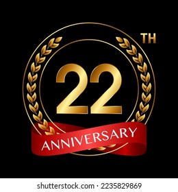 22th Anniversary. Anniversary Logo Design with Laurel Wreath and Red Ribbon for Celebration Event, Wedding, Invitation, Greeting Card. Logo Vector Illustration
