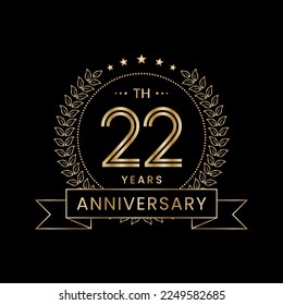 22th Anniversary logo design with laurel wreath for celebration event, invitation, banner, poster, flyer, greeting card. Line Art Design, Logo Vector Illustration