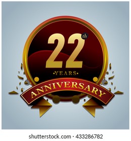 22th anniversary logo with gold circle badge. Anniversary signs illustration. Gold colors anniversary logo with circle ring