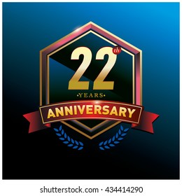 22th anniversary logo with gold ring and red ribbon. Anniversary signs illustration. Gold anniversary logo design and illustration