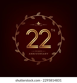 22th anniversary logo with golden number for celebration event, invitation, wedding, greeting card, banner, poster, flyer, book cover. Vector design
