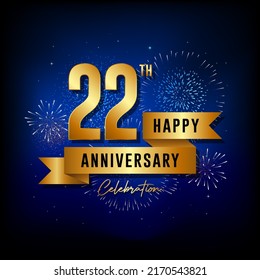 22th anniversary logo with golden ribbon for booklets, leaflets, magazines, brochure posters, banners, web, invitations or greeting cards. Vector illustrations.