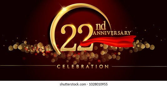 22th anniversary logo with golden ring, confetti and red ribbon isolated on elegant black background, sparkle, vector design for greeting card and invitation card