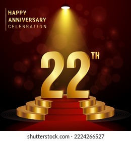 22° Aniversario. Diseño perfecto de plantillas con podio dorado para eventos de celebración, bodas, tarjetas de felicitación y tarjetas de invitación. Ilustración del vector