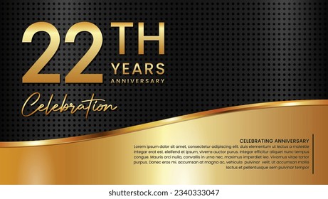 22th anniversary template design in gold color isolated on a black and gold texture background, vector template