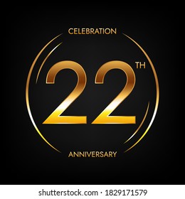 22th anniversary. Twenty-two years birthday celebration banner in bright golden color. Circular logo with elegant number design.