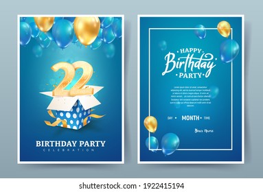 22th years birthday vector invitation double card. Twenty two years anniversary celebration brochure. Template of invitational for print on blue background