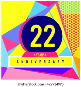 22th years greeting card anniversary with colorful number and frame. logo and icon with Memphis style cover and design template. Pop art style design poster and publication.