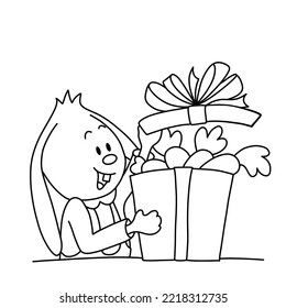 23 - 25 Cute bunny opens the gift box with ribbon. Carrots as a present. Christmas, New Year and Easter contour vector illustration. Collection of rabbits in cartoon style. Humour
