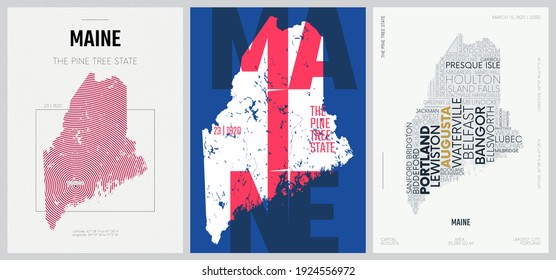 23 of 50 sets, US State Posters with name and Information in 3 Design Styles, Detailed vector art print Maine map