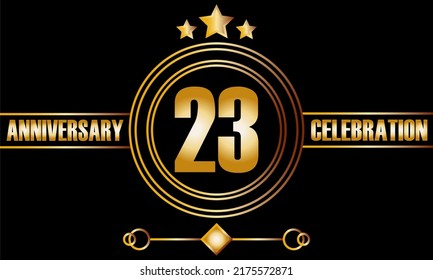 23 anniversary celebration. Twenty-three years birthday celebration banner with bright gold color.