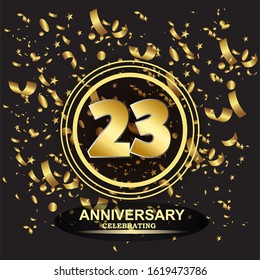 23 anniversary logo with confetti golden colored isolated on black background, vector design for greeting card and invitation card