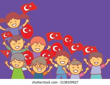 23 April children's day. Illustration of children with flags in their hands.