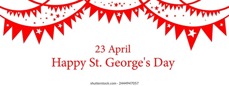 23 de abril. Feliz Día de San Jorge. Diseño de Plantilla de Vector ST George's Day. Horizontal Anuncio. Presentación, Sitio web. Celebración de fondo blanco con guirnalda roja y lugar para su texto. 