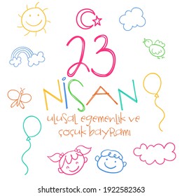 23. April, Nationale Souveränität und Kindertag Türkei Feierlichkeiten Karte. Übersetzung: "23 Nisan Ulusal Egemenlik ve Cocuk Bayrami, Kutlama Tebrik Karti" Vektorgrafik.