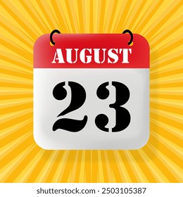 23 de agosto. Burbuja de discurso con calendario 2024, 2025. Año, mes, día, semana, gestión del tiempo. Concepto de planificación. Ilustración 3D. Estilo de arte Pop. Icono de línea de Vector para negocios y publicidad