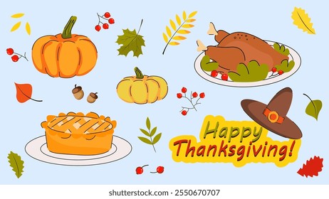 23 colorful Thanksgiving stickers, including turkey, hat, pumpkin, apple pie, and autumn leaves.