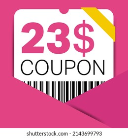23$ Coupon promotion sale for a website, internet ads, social media gift 23 Dollar off discount voucher. Big sale and super sale coupon discount. Price Tag Mega Coupon discount vector illustration.