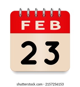 23 day of the month. February. Flip old formal calendar. 3d daily icon. Date. Week Sunday, Monday, Tuesday, Wednesday, Thursday, Friday, Saturday. Cut paper. White background. Vector illustration.
