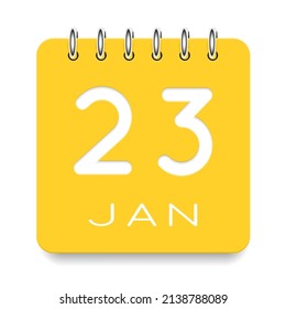 23 day of the month. January. Cute yellow calendar daily icon. Date day week Sunday, Monday, Tuesday, Wednesday, Thursday, Friday, Saturday. Cut paper. White background. Vector illustration.