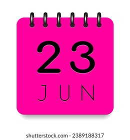 23 días del mes. Junio. Icono de calendario rosado diario. Cartas negras. Fecha día semana domingo, lunes, martes, miércoles, jueves, viernes, sábado. Corta papel. Fondo blanco. Ilustración vectorial.