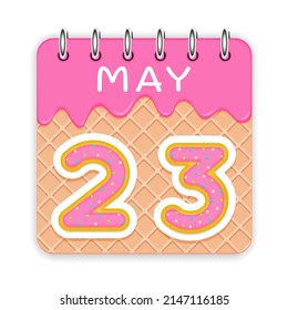 23 días del mes. Mayo. Calendario de cono de gofre con helado derretido. Icono de 3d diario. Fecha. Semana Domingo, Lunes, Martes, Miércoles, Jueves, Viernes, Sábado. Fondo blanco. Ilustración vectorial.