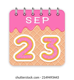 23 day of a month. September. Waffle cone calendar with melted ice cream. 3d daily icon. Date. Week Sunday, Monday, Tuesday, Wednesday, Thursday, Friday, Saturday. White background Vector illustration