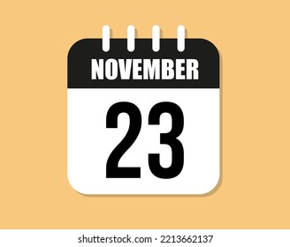 23 day november icon. Black and white november month calendar vector on orange background.