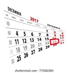 23 December highlighted on calendar 2017. Week starts from Monday. Vector Illustration.