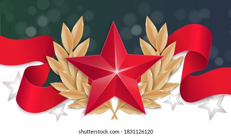 23 February background. The red star with a laurel wreath on a red ribbon.