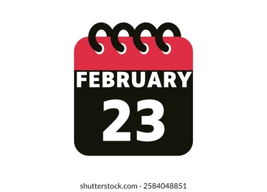 23 February calendar icon text page monthly web design on red, black and white background vector, icon, or illustration with the month of February 23