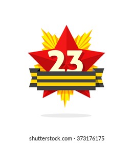 23 February day medal vector symbol illustration, military medal symbol with red star and back yellow striped victory ribbon, number 23, modern star order flat icon design isolated on white background