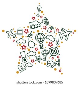 23 february greeting card template. Vector illustration. Defender of the Fatherland Day. Modern postcard. Linear, military icons.
