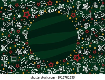 23 february greeting card template. Round signature place. Vector illustration. Defender of the Fatherland Day. Modern postcard. Linear, military icons.