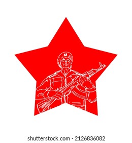 23 February. Star and soldier hand drawing. Russian text: Congratulations. Defenders of the Fatherland Day. Postcard military holiday in Russia.