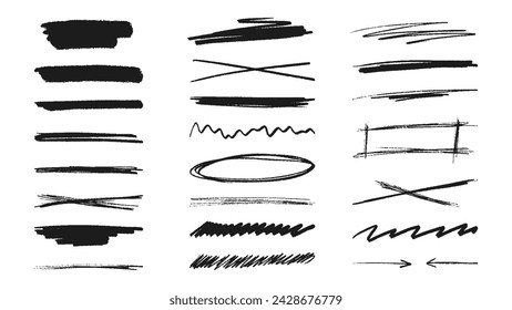 23 hand-drawn highlight brush strokes. Doodle grunge line elements. Rough charcoal pen strokes. Freehand brush stroke underline. Accent and emphasis elements.