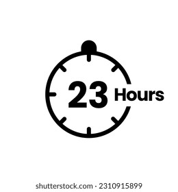 Icono de signo de reloj de 23 horas. horas de apertura de servicio, tiempo de trabajo o símbolo de tiempo de servicio de entrega, ilustración vectorial aislada en fondo blanco