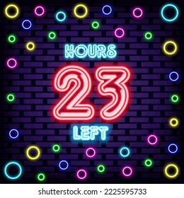 Quedan 23 horas citando a Neon. Resplandeciente con luz de neón colorida. Anuncio de carteles de neón. Aislado sobre fondo negro. Ilustración vectorial