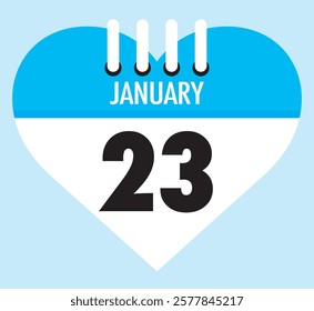23 January calendar icon sky blue heart shape on light sky blue color background, calendar vector symbol for the month of January.