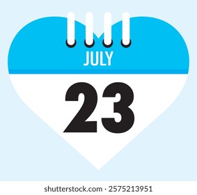 23 July calendar icon sky blue heart shape on light sky blue color background, calendar vector symbol for the month of July.
