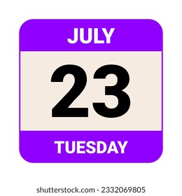 23. Juli, Dienstag. Datumsvorlage. Nützliches Design für Kalender- oder Veranstaltungswerbung. EPS10 Datei, Vektorgrafik. Einzeln auf weißem Hintergrund. 