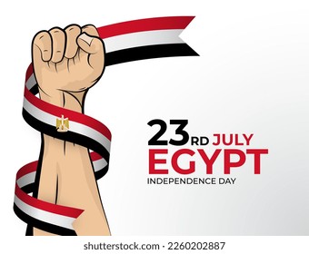 23 July. Vector illustration of Happy Independence Day greeting card for the country of Egypt with clenched fists and a flag ribbon. Use for banners on a white background.