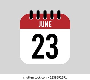 icono del calendario 23 de junio. Vector de página de calendario rojo para los días y semanas de junio