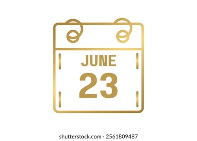 23 June calendar icon text page monthly web design on golden and white background vector, icon, or illustration with the month of June 23