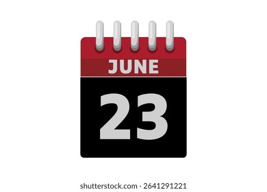 23 June calendar icon text page monthly web design on red, black and white background vector, icon, or illustration with the month of June 23