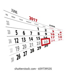 23 June highlighted on calendar 2017. Week starts from Monday. Vector Illustration.