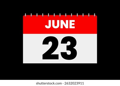 23 junho mês vetor dia único, ilustração, calendário com vermelho, off-white e preto cor de fundo ícone do calendário de 23 de junho